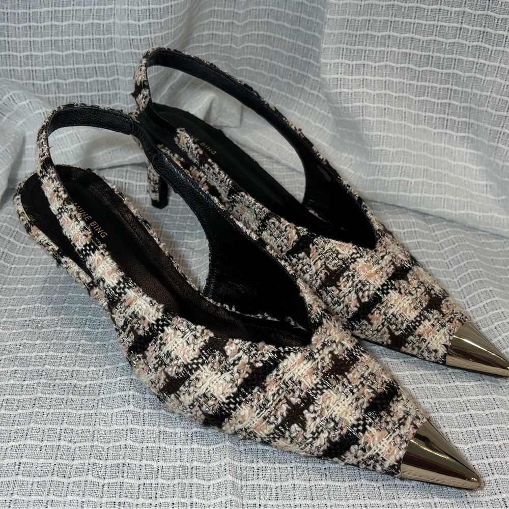 Anine Bing Tweed Slingback Heels in Black, Cream, Pink